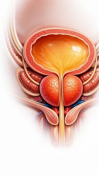 Male bladder and prostate anatomy medical cancer illustration, urinary system organ cross section, male pelvis urology healthcare educational diagram, reproductive organ anatomy concept for research