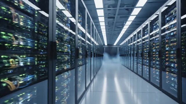 A video showcasing a vast server room with rows of computer servers and data storage systems in a modern facility.