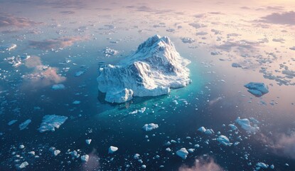 Aerial view of a large iceberg and smaller ice floes in a vast, reflective ocean