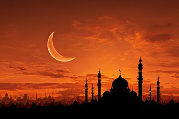 Silhouette of a mosque and cityscape under an orange sunset and crescent moon