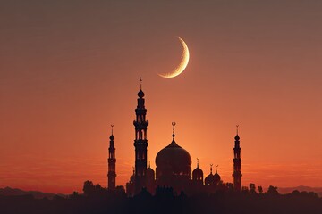 Silhouette of a mosque with minarets under a crescent moon at sunset (4)
