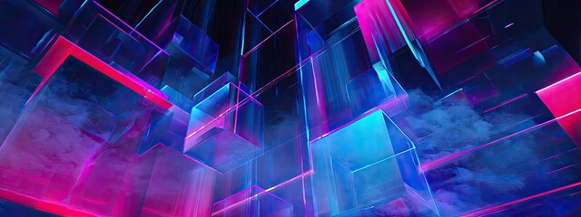 A digital rendering features a geometric cityscape with neon pink & blue lights and fog