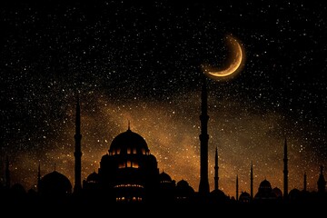Silhouette of a mosque with minarets under a starry night and crescent moon