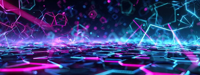 Cyberpunk landscape with geometric shapes and neon lights in blue and pink hues