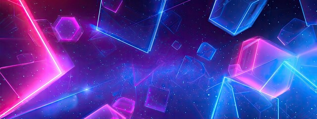 Abstract digital artwork featuring glowing geometric shapes and interconnected lines in space