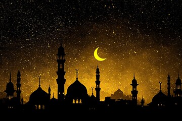 Silhouette of mosques under a starry night sky with a crescent moon in the center