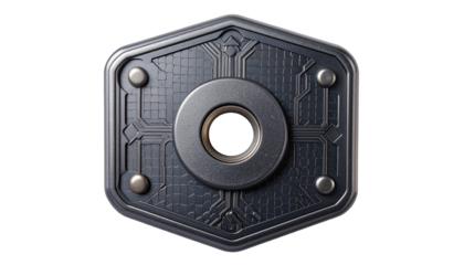 Hexagonal shield with central ring and intricate geometric patterns