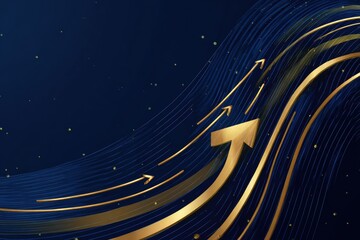 Gold arrows ascend on a dark blue background with flowing lines and golden particles