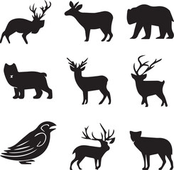 Black Wildlife Animal Silhouettes Nordic Nature Illustration Set