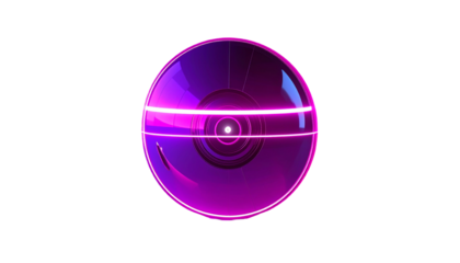 Futuristic neon orb with a camera lens on a black background