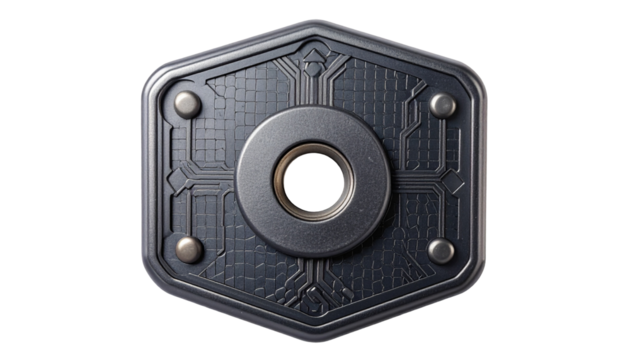 Hexagonal shield with central ring and intricate geometric patterns - Powered by Adobe