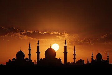 Silhouette of ornate structures with minarets against a vibrant orange and yellow sunset