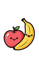 Obraz premium Cartoon apple and banana friends smiling.
