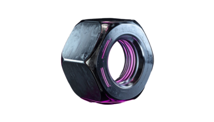 Close-up of a metallic hexagonal nut with glowing inner threads
