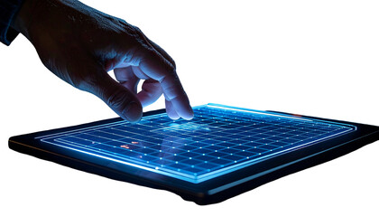 Hand touches glowing screen, interacting with digital interface