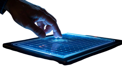 Hand touches glowing screen, interacting with digital interface