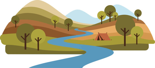 Stylized Landscape with Winding River and Tent.