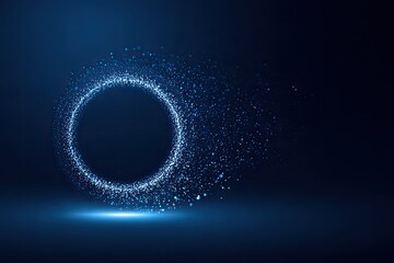 Glowing blue circle with particle effect on a dark background, dynamic, abstract, digital artwork