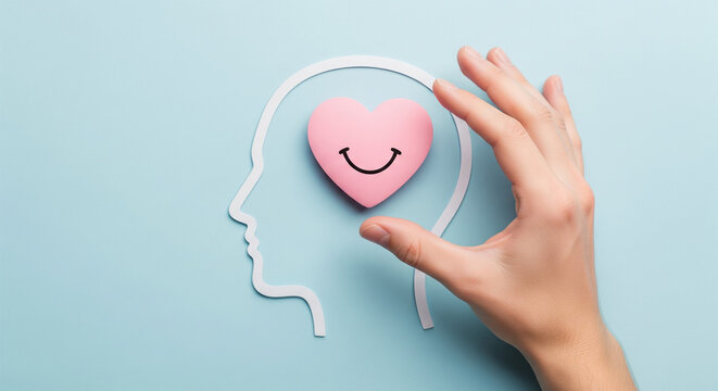 Mental Health and Emotional Well Being Concept with Hand Holding Smiling Heart Inside Human Head Silhouette