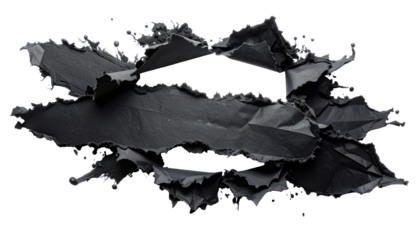 Torn and crumpled black paper with jagged edges on a transparent backdrop
