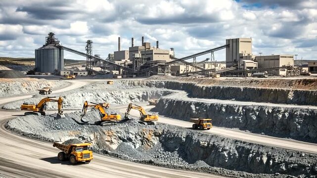 Heavy machinery operates in a vast mining landscape