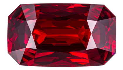 Emerald-cut, faceted gemstone deep red color, multiple reflective surfaces