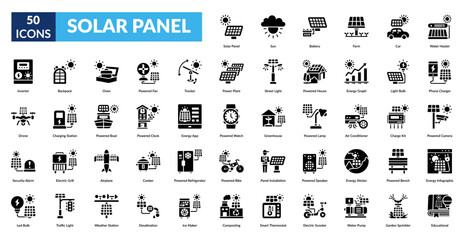 SOLAR PANEL glyph icon set. Business Plan, Growth Strategy, Productivity Chart, Time Efficiency, Task Management, Priority Tasks, KPI Metrics