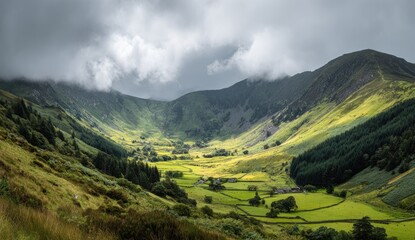 Obraz premium Dramatic vista of a lush green valley between rugged mountains under cloudy skies