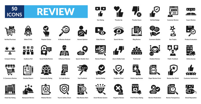 review glyph icon set. Workflow, Process Flow, Task Management, Business Strategy, Process Automation, Optimization, Decision Making