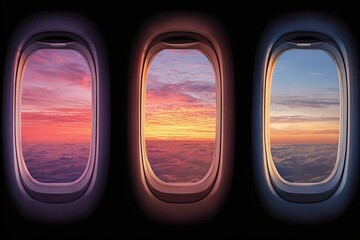 Naklejka premium Three airplane windows frame vibrant sunrise views over fluffy clouds against a black background