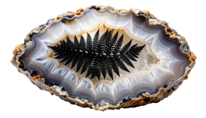 Cross-section of a geode revealing fern-like inclusions inside