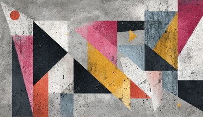Abstract geometric artwork with various colorful shapes on a textured, grey background