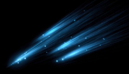 Glowing blue streaks and light particles emanate from a central point against a black backdrop