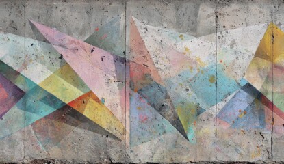 Abstract geometric shapes, transparent and colorful, layered on rough gray concrete