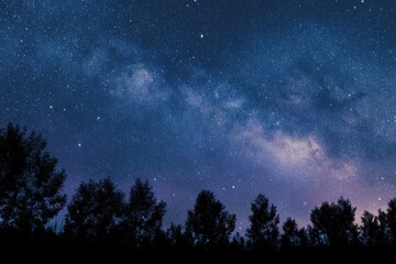 Silhouetted trees under a vast night sky filled with a luminous galaxy