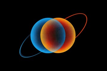 Two overlapping spheres, blue and orange, with orbiting rings, set against black