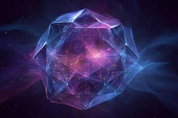 Abstract polygonal structure radiating light, enveloped by flowing, vibrant, colorful energy