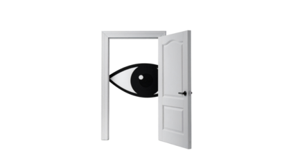 An eye peers through an open doorframe, dark background