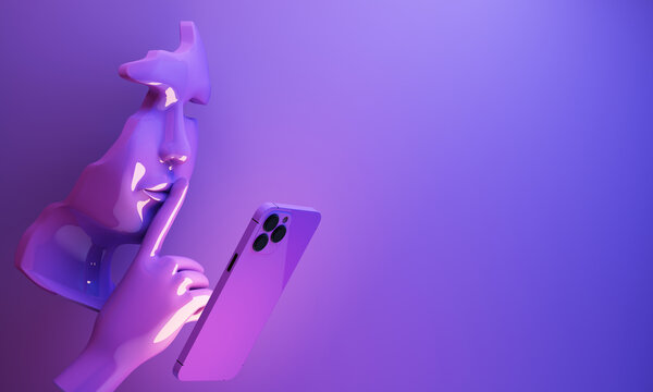 Abstract human face holding a smartphone with a silence gesture, symbolizing fake news, social media manipulation, digital deception, and the psychological impact of technology, 3d rendering.