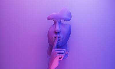 Abstract human face with finger on lips symbolizing silence, hidden truth, deception, and manipulation of information in modern technology and media,  3d rendering.