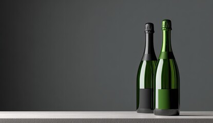 Two elegant green glass bottles with dark labels on a neutral surface, grey backdrop
