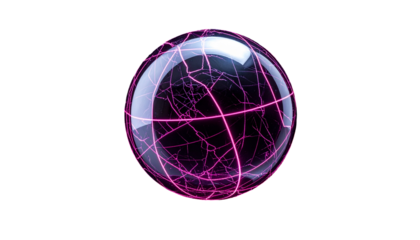 Glowing glass sphere cracked with pink energy, isolated on black