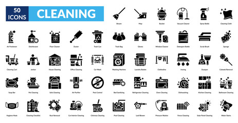 cleaning glyph icon set. Magnifying Glass, Clipboard Check, Inspector Badge,  Lamp, Factory ,  Stamp,  Checklist