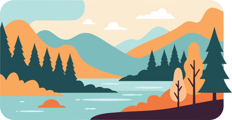 Stylized Forest and Mountain Landscape with Lake.