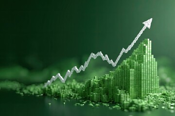 Abstract green landscape with rising arrow above blocky terrain, symbolizing growth