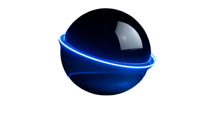 Glossy dark blue sphere with a glowing blue ring, set against black