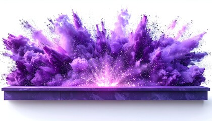 A vibrant, purple cloud explosion erupts from a stage against a white backdrop