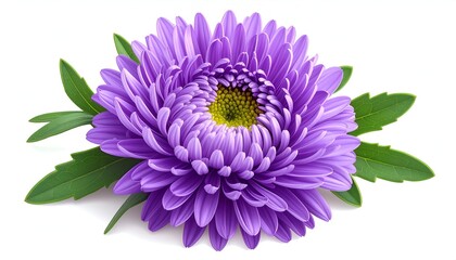 A vibrant purple flower with a yellow center and green leaves, against a white background