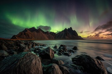 Majestic green aurora dances above jagged peaks at dusk near a rocky shore