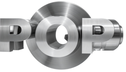 Metallic, stylized "POP" text integrated with geometric metal shapes, 3D